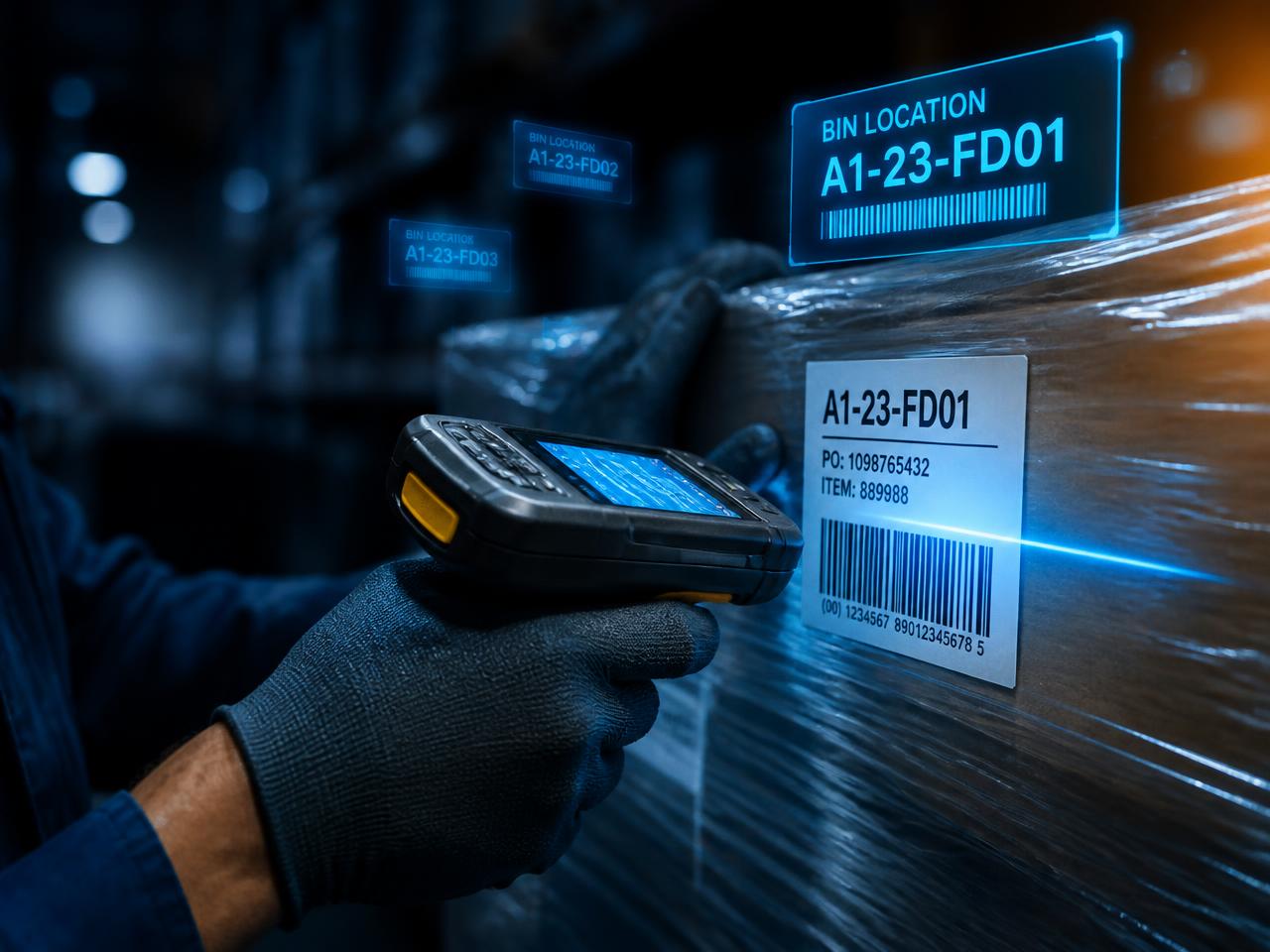 Handheld scanner reading a pallet label with holographic bin locations